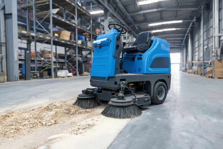 Industrial floor sweeper collecting dry debris