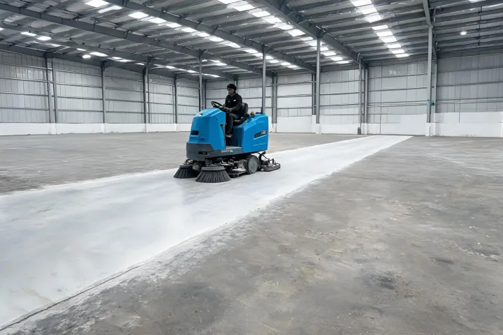 Ride-on floor scrubber covering an open floor